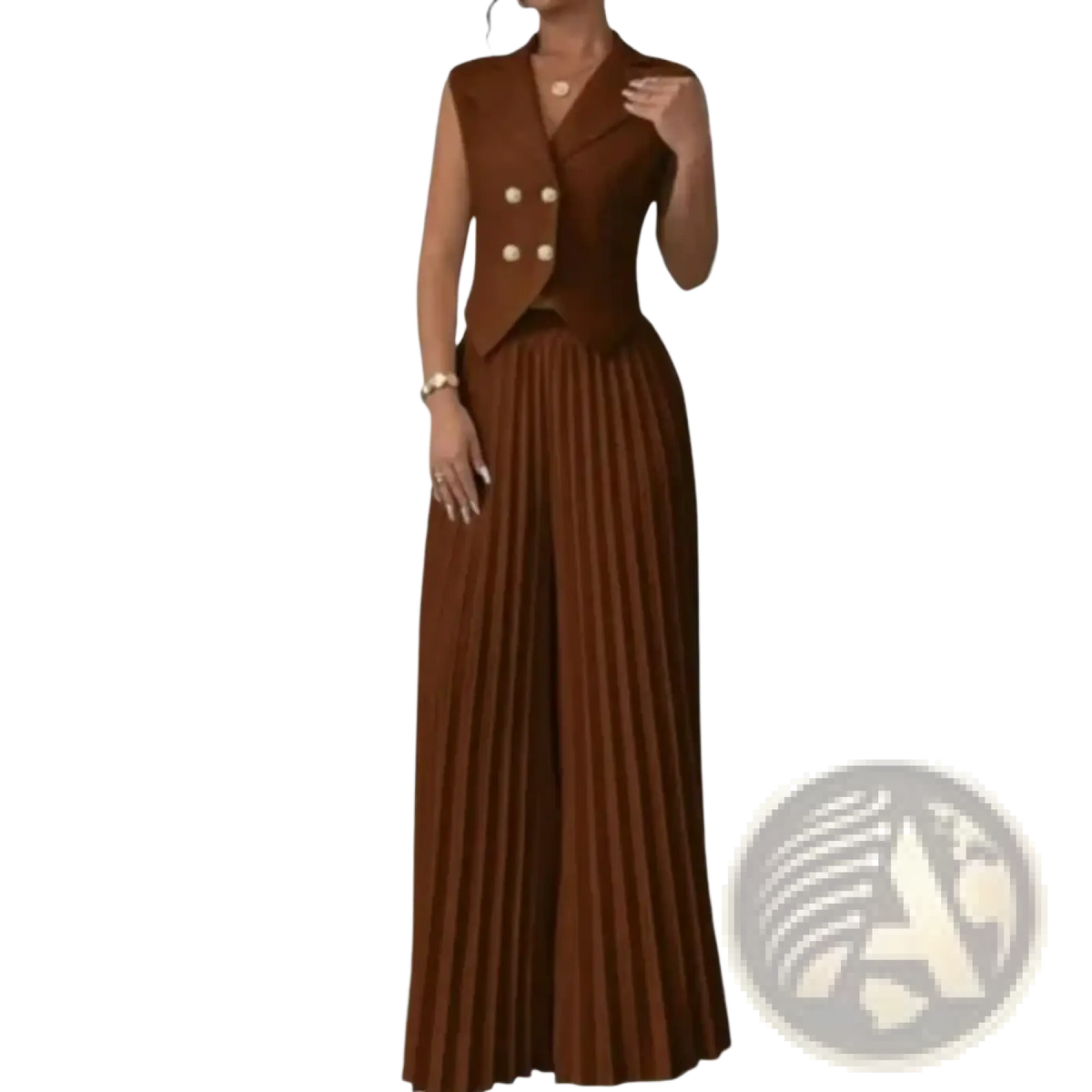 Brown sleeveless vest dress with double-breasted front and pleated skirt in women vest and wide leg pants set