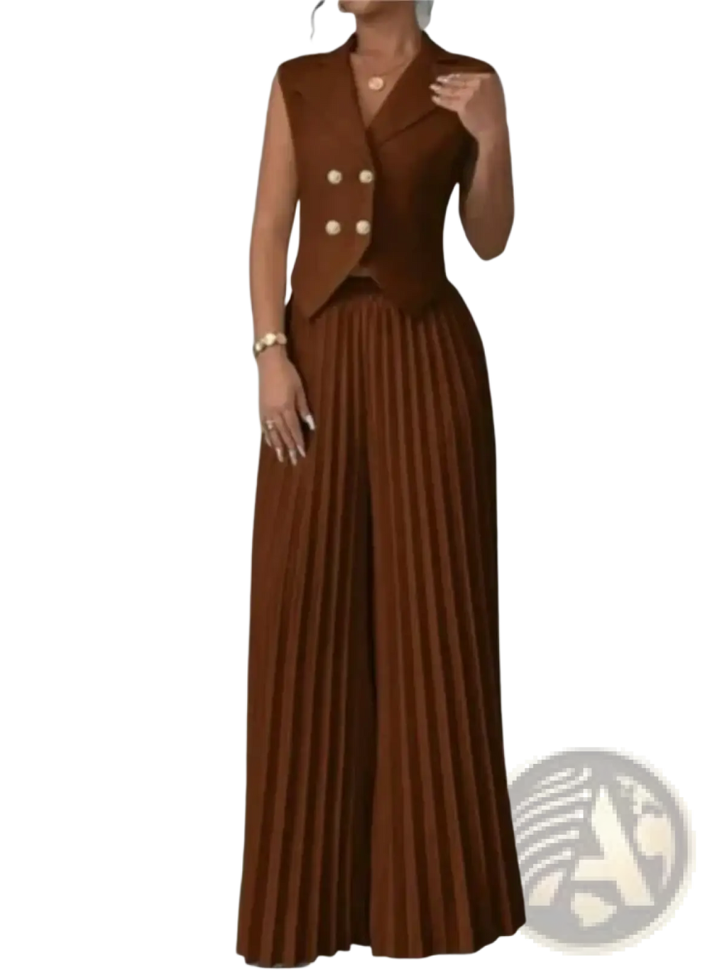 Brown sleeveless double-breasted vest with gold buttons paired with matching pleated wide-leg pants set for women