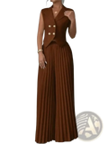 Brown sleeveless double-breasted vest with gold buttons paired with matching pleated wide-leg pants set for women