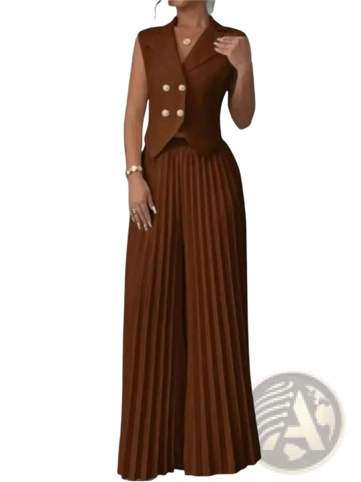Brown sleeveless double-breasted vest with gold buttons paired with matching pleated wide-leg pants set for women