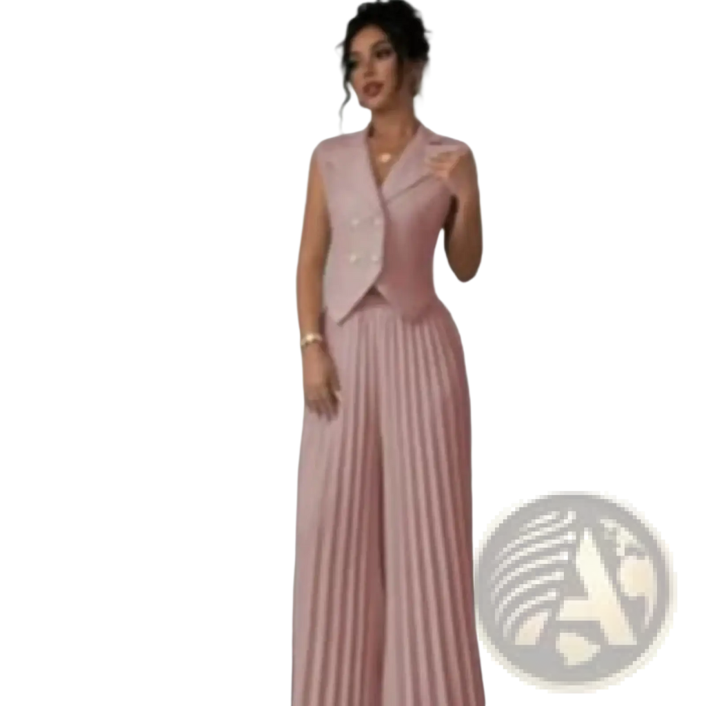 Women vest and wide leg pants set in soft pink sleeveless blazer with pearl buttons and matching pleated pants