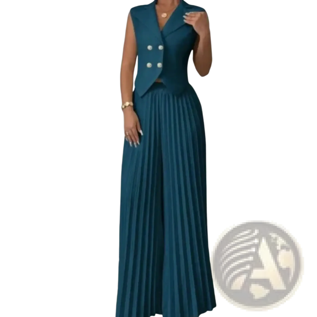 Women vest and wide leg pants set in teal sleeveless double-breasted blazer with matching pleated wide-leg pants