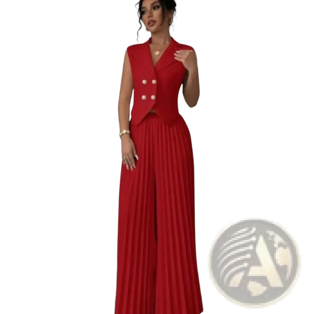 Women vest and wide leg pants set in vibrant red sleeveless blazer with gold buttons and matching pleated wide-leg pants