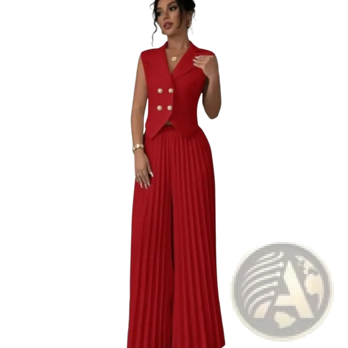 Women vest and wide leg pants set in vibrant red sleeveless blazer with gold buttons and matching pleated wide-leg pants