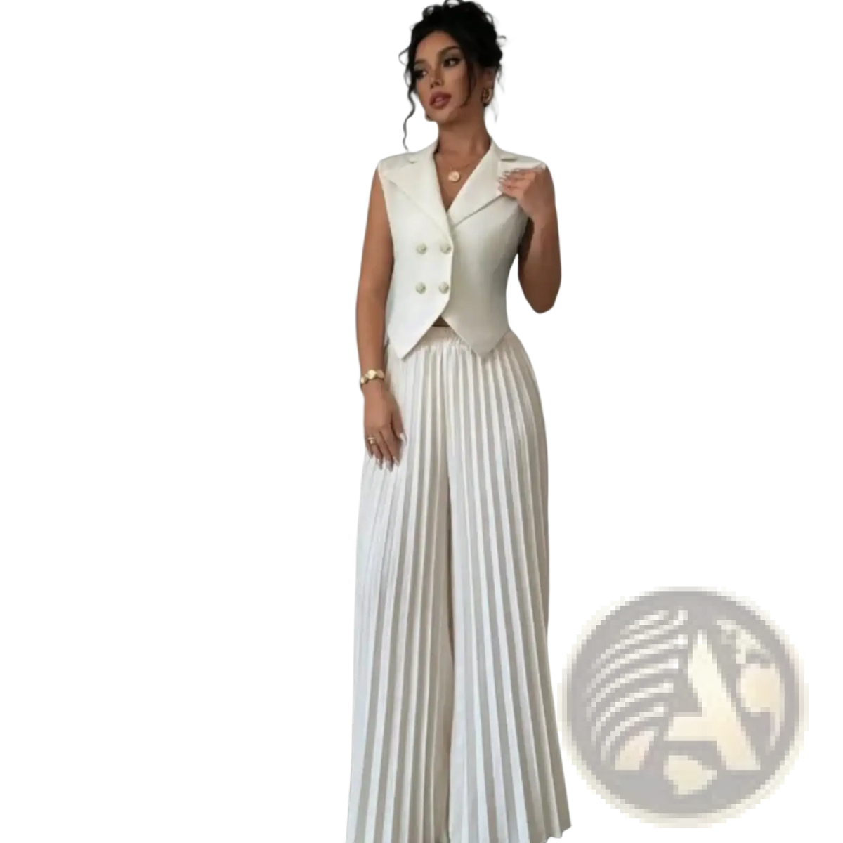 White sleeveless double-breasted blazer with tailored fit part of women vest and wide leg pants set