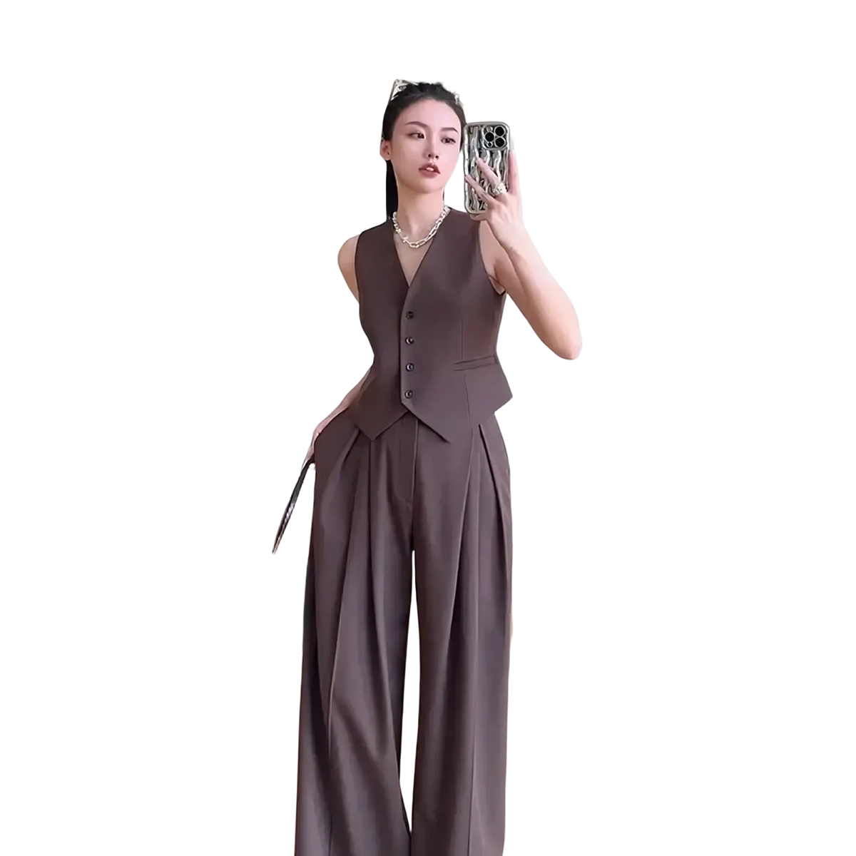 Brown sleeveless tailored vest with button closure paired with pleated wide leg pants in a women vest wide leg pants suit