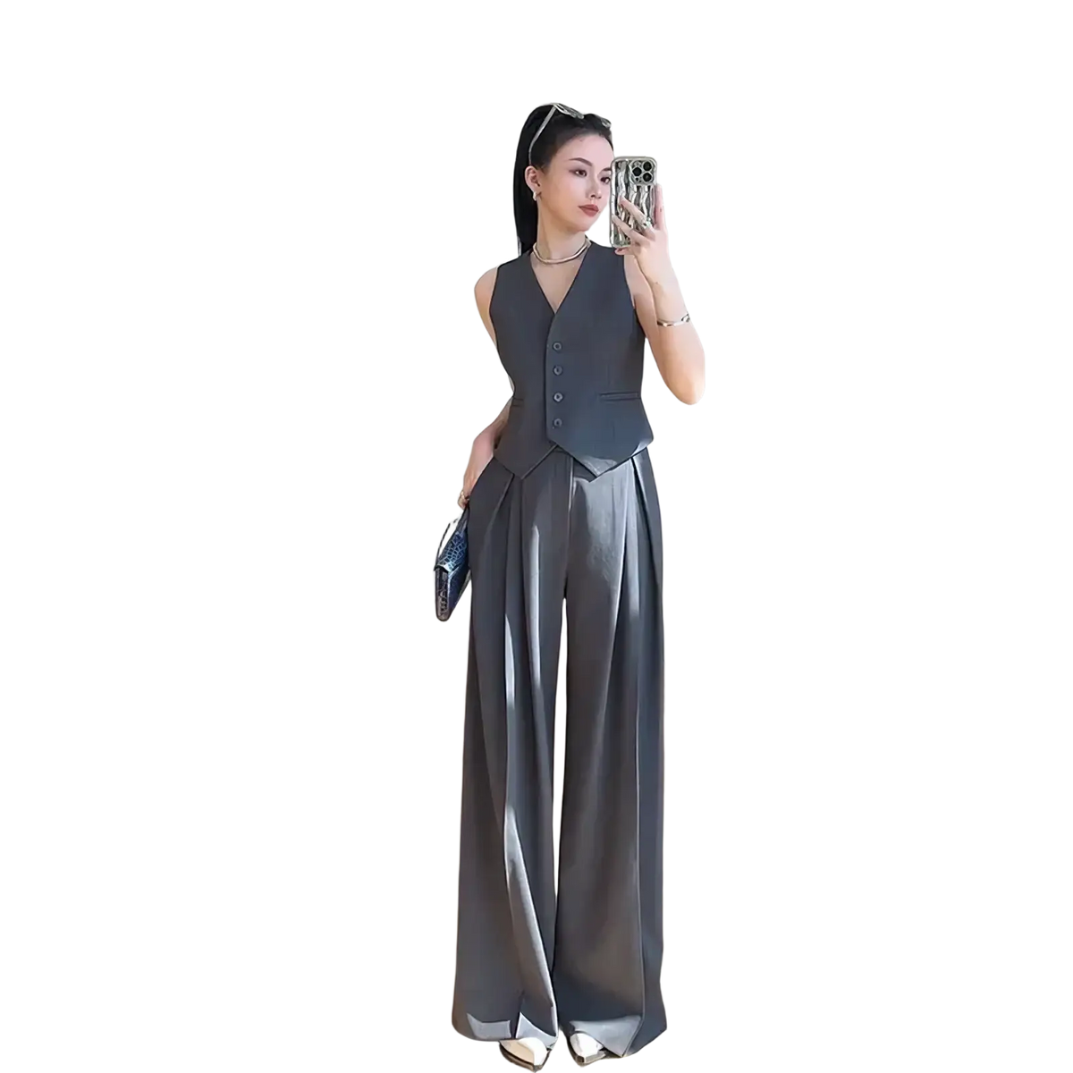 Women vest wide leg pants suit featuring gray satin wide-leg pants with a high-waisted sleek design and front pleats