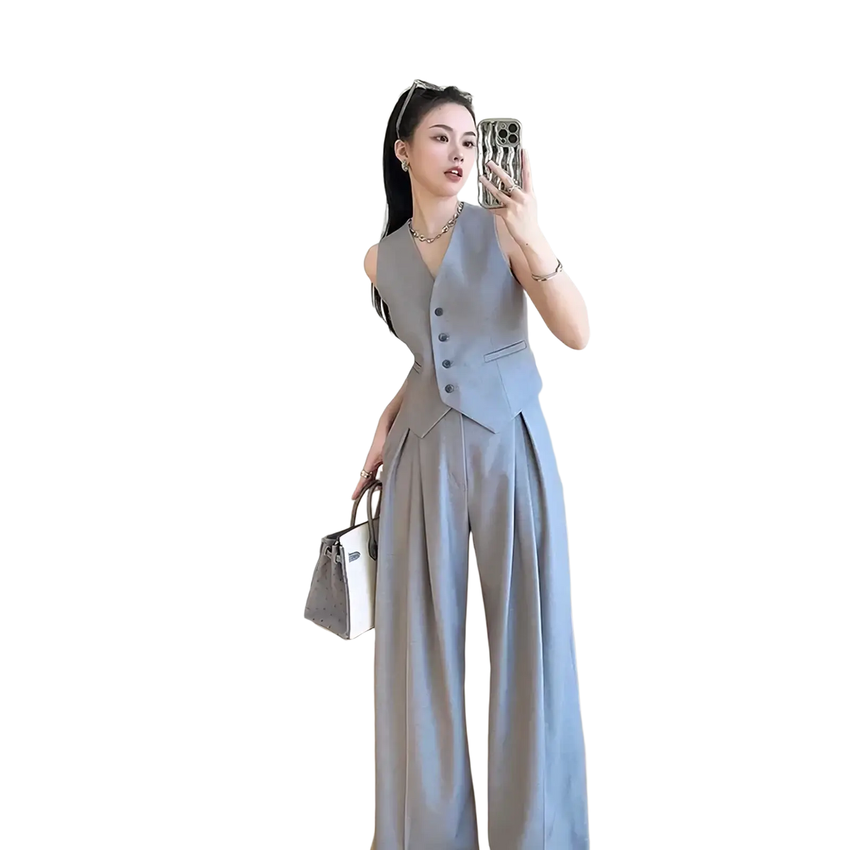 A sleek light gray tailored vest with button front and structured shoulders in women vest wide leg pants suit