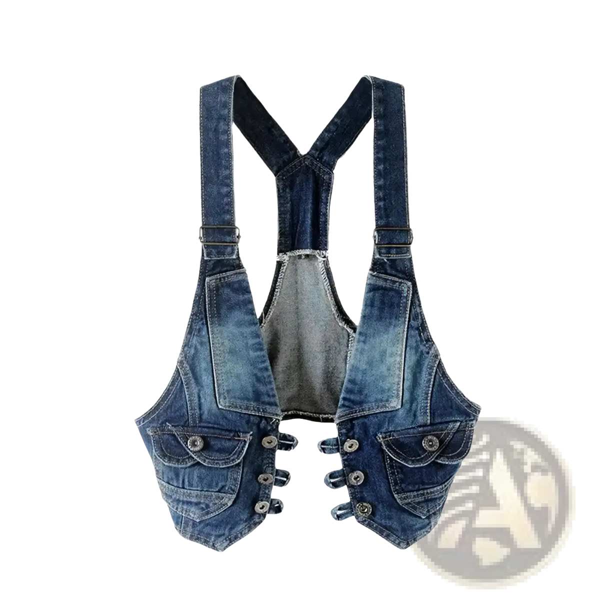 Women vintage denim vest in blue denim with double-breasted front button closures and adjustable straps