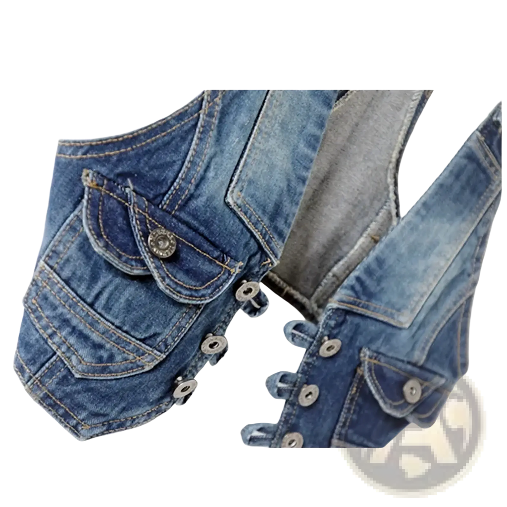 Women vintage slim sleeveless blue denim vest with silver buttons and gray interior lining for casual wear