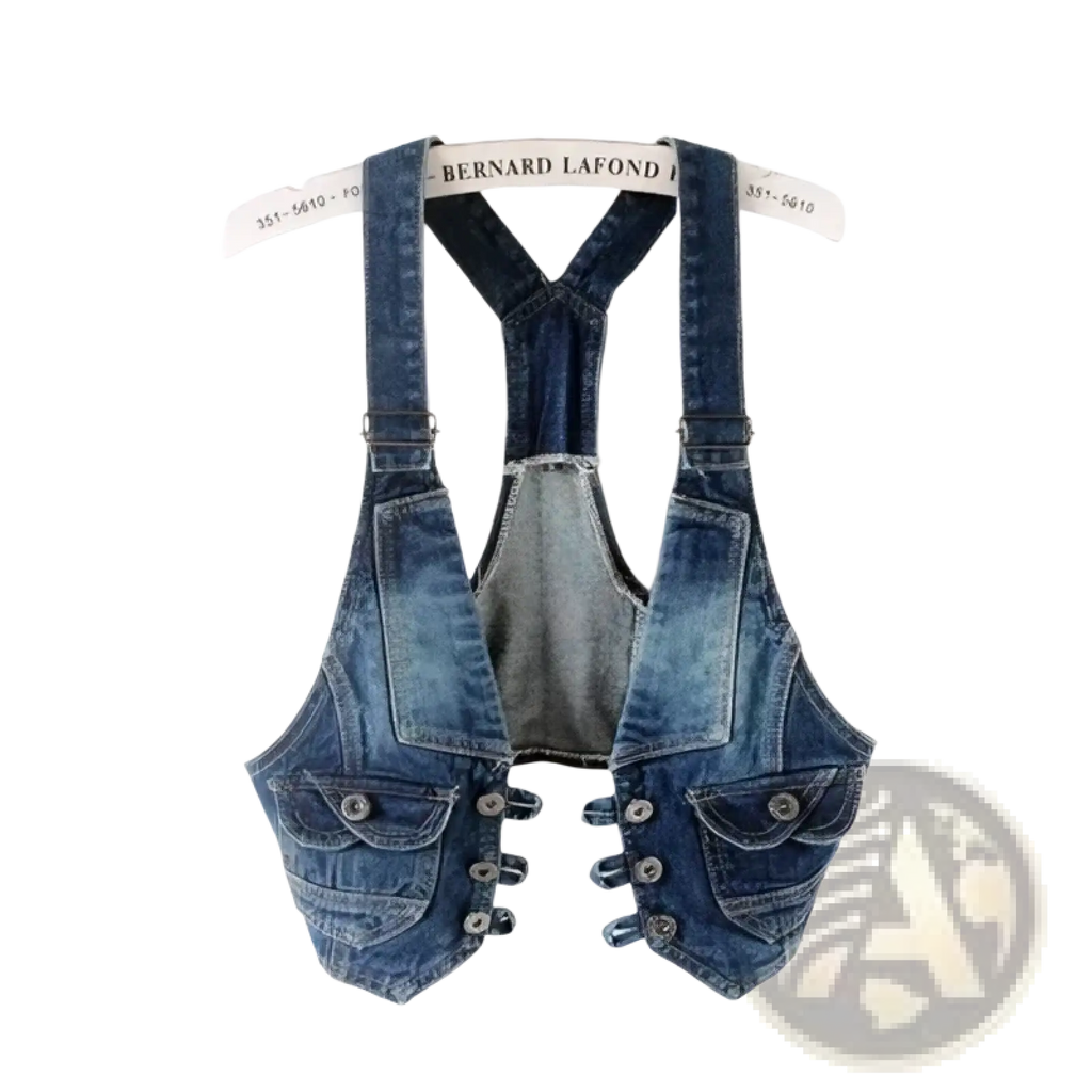 Blue denim double-breasted vest with button closures and adjustable shoulder straps for casual women’s wear
