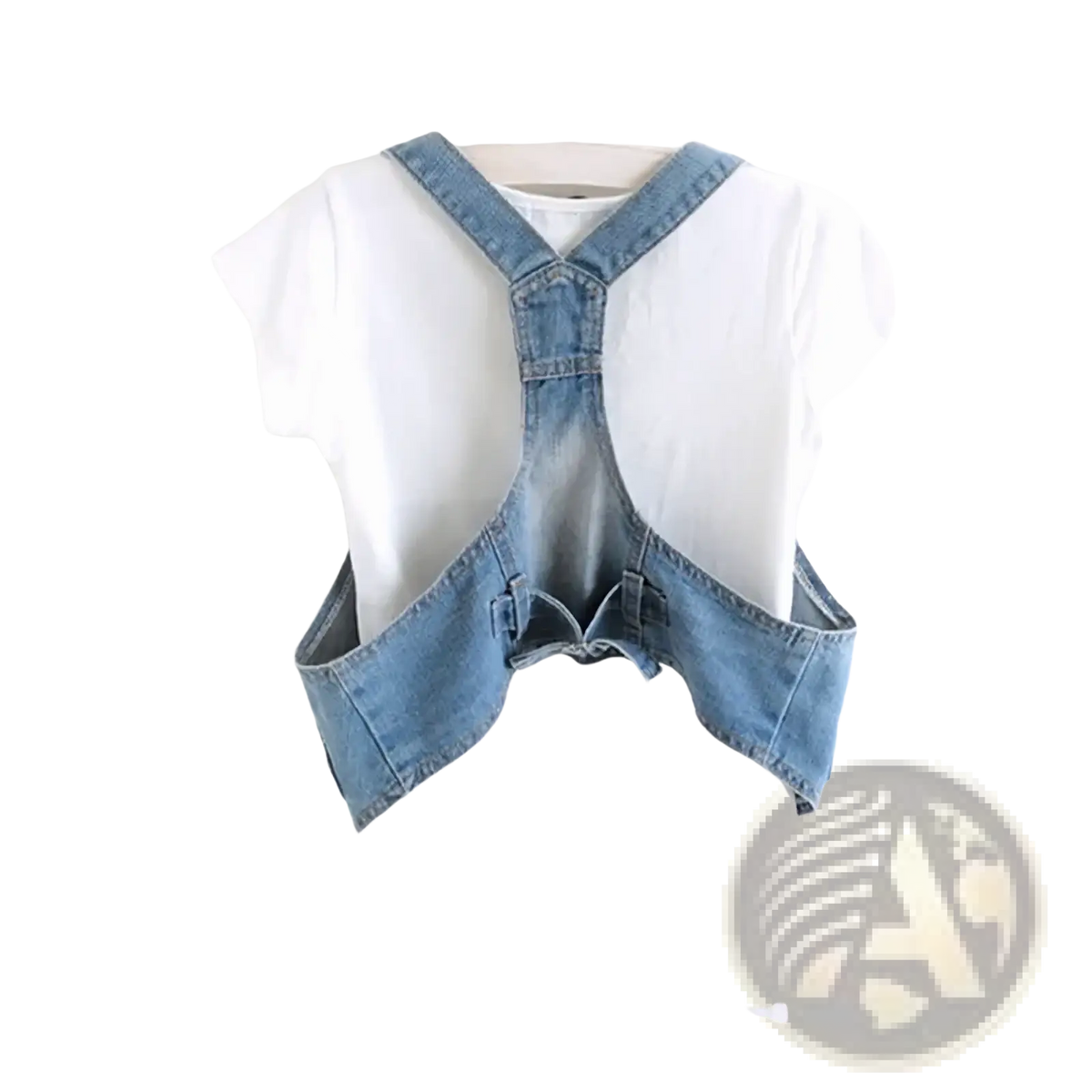 Light-wash denim overalls with cropped backless design and adjustable straps shown from the back in casual style