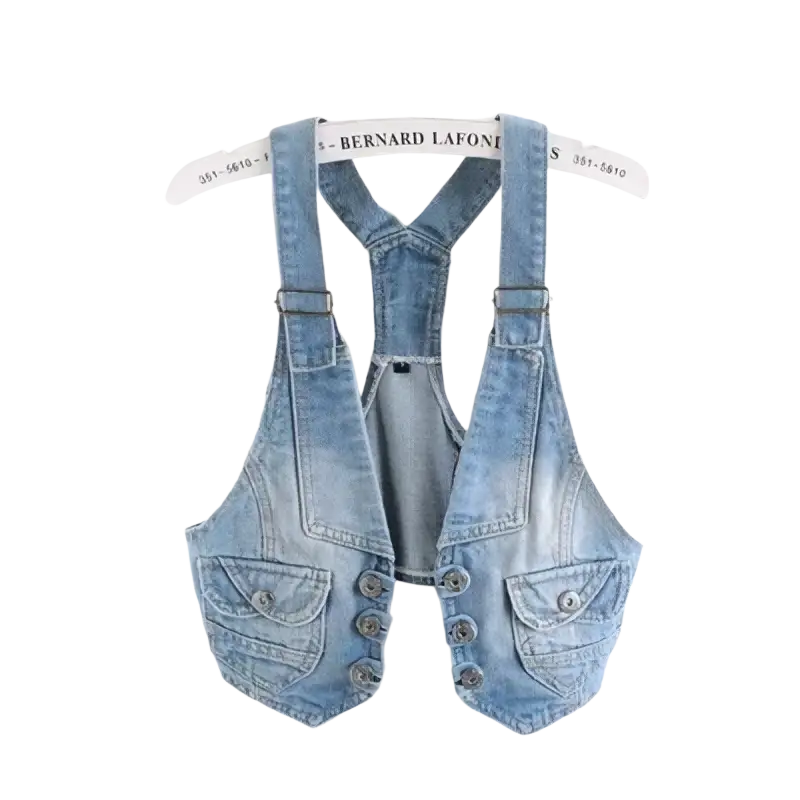 Women vintage light-wash denim vest slim sleeveless casual jacket with multiple pockets and adjustable straps