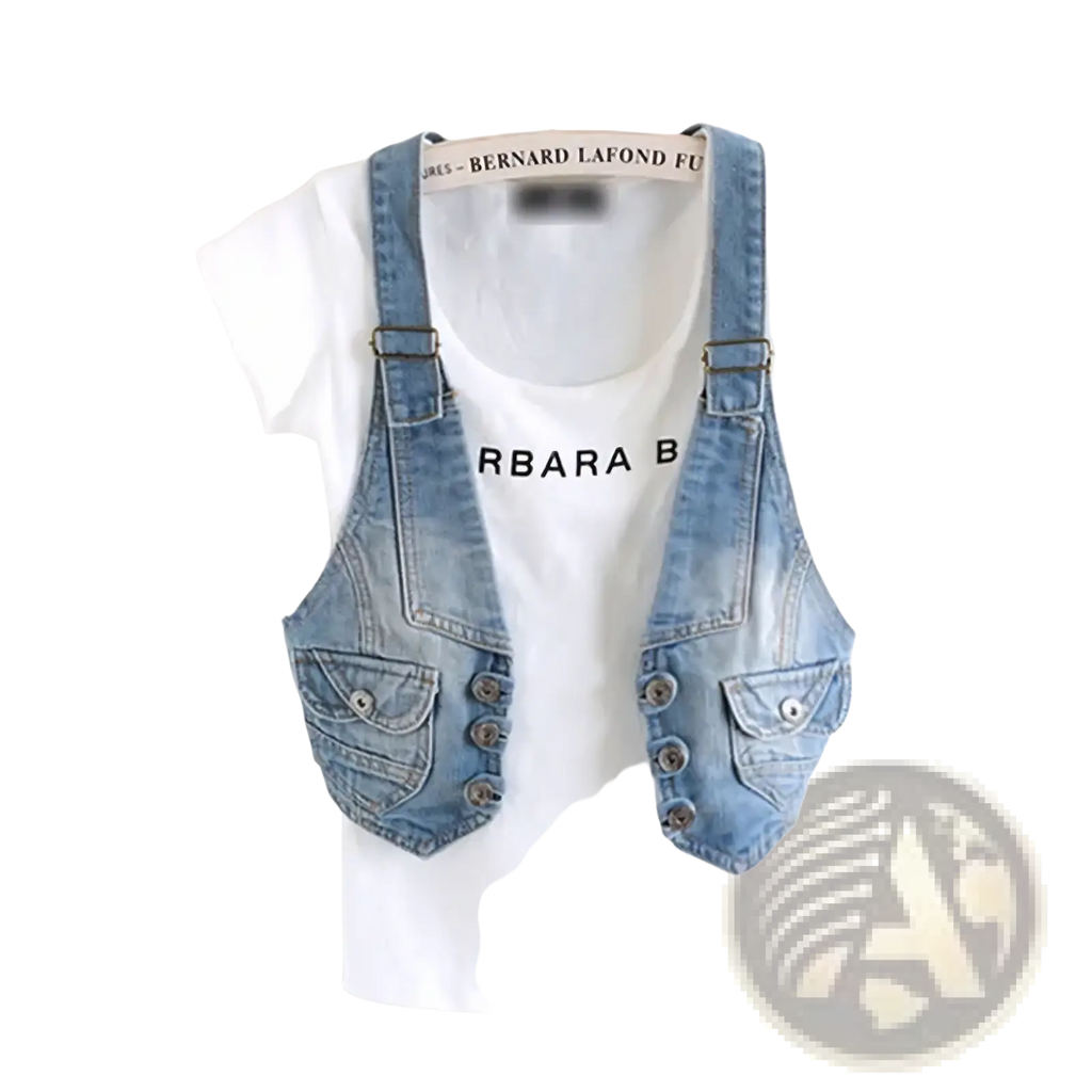 Women vintage light-wash denim vest with buttoned pockets and adjustable straps slim sleeveless casual jacket