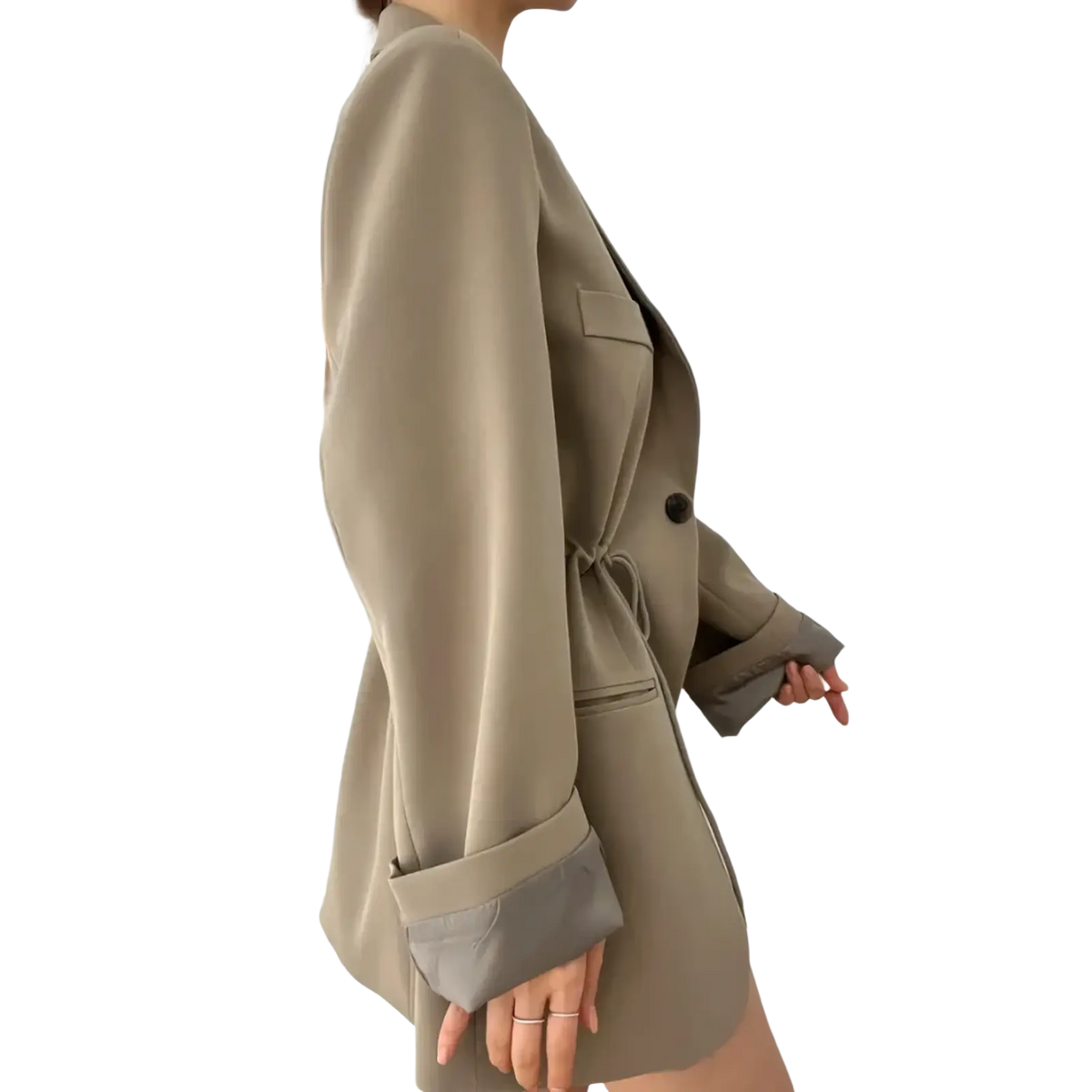 Beige women vintage drawstring waist blazer with rolled cuffs and single dark button in a belted design