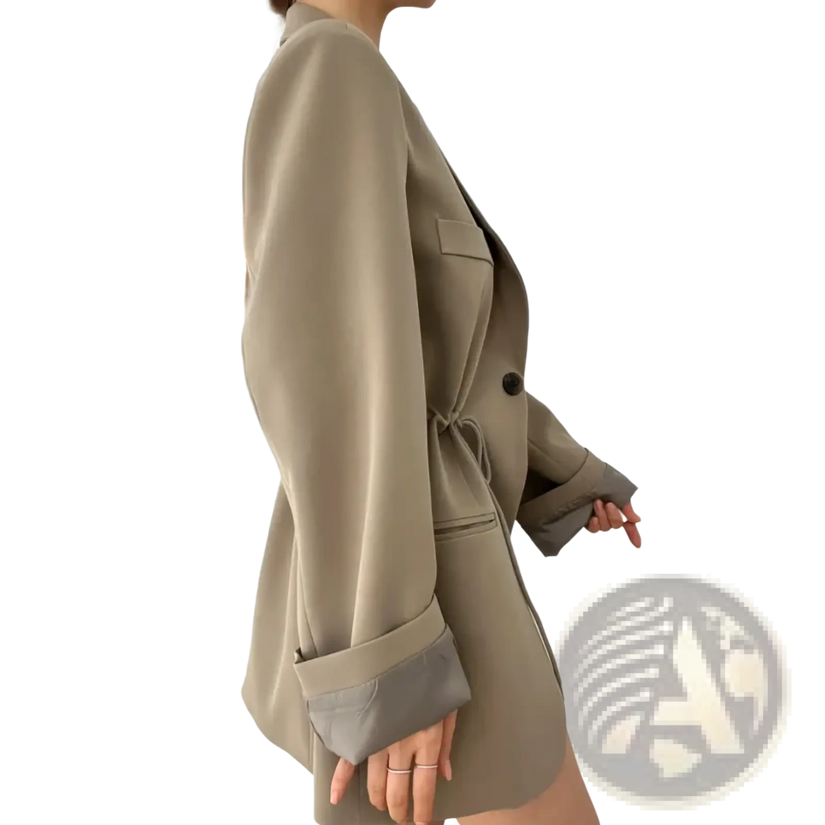 Beige women vintage drawstring waist blazer with rolled cuffs and single dark button in a belted design