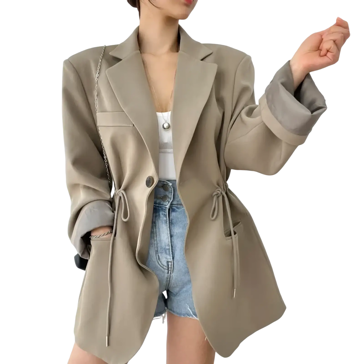 Beige oversized women vintage drawstring waist blazer with relaxed fit and rolled cuffs for casual wear