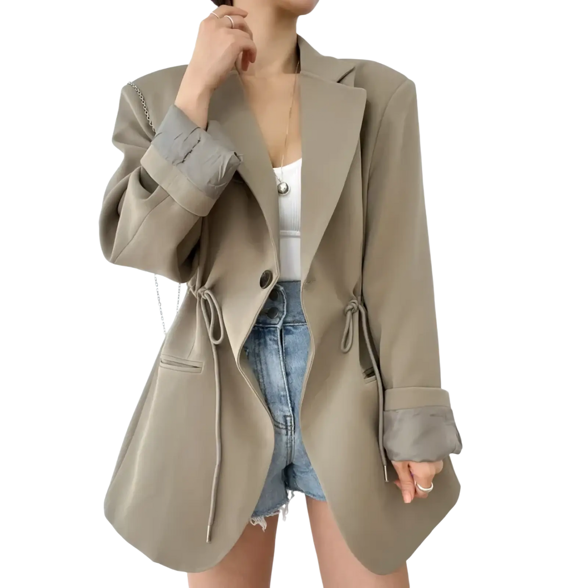 Beige oversized women vintage drawstring waist blazer with relaxed fit and rolled-up sleeves for casual wear