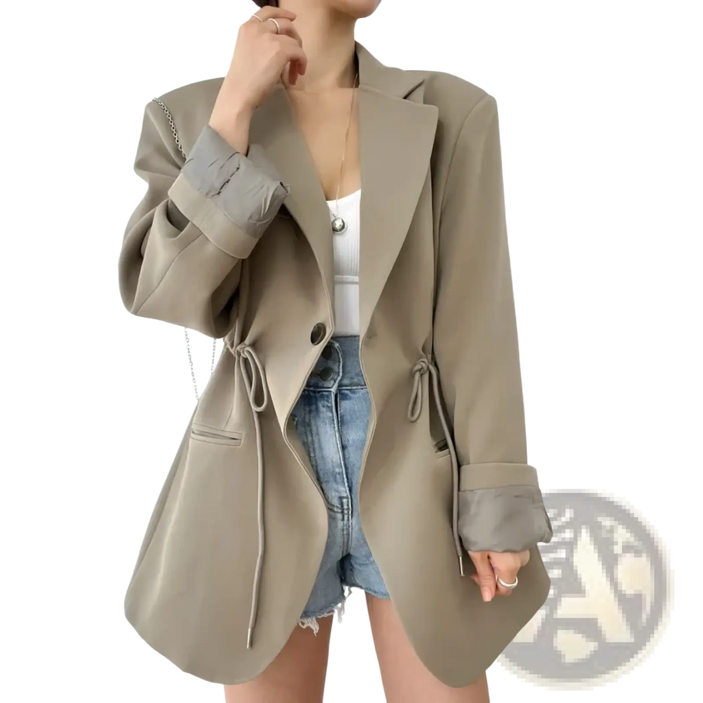 Beige oversized women vintage drawstring waist blazer with relaxed fit and rolled-up sleeves for casual wear