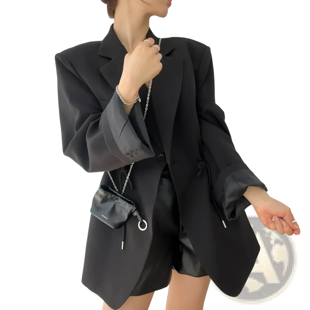 Black leather crossbody bag with silver chain strap and circular metal ring accent complements women vintage drawstring waist blazer