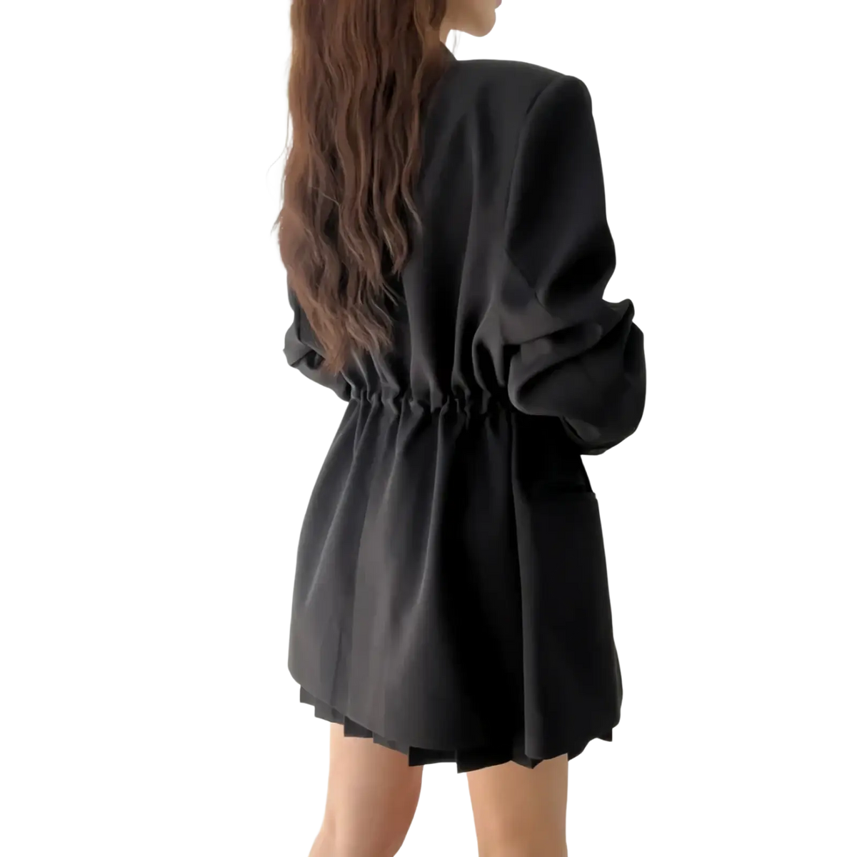 Black blazer style dress with puffed sleeves and a cinched drawstring waist for women vintage fashion