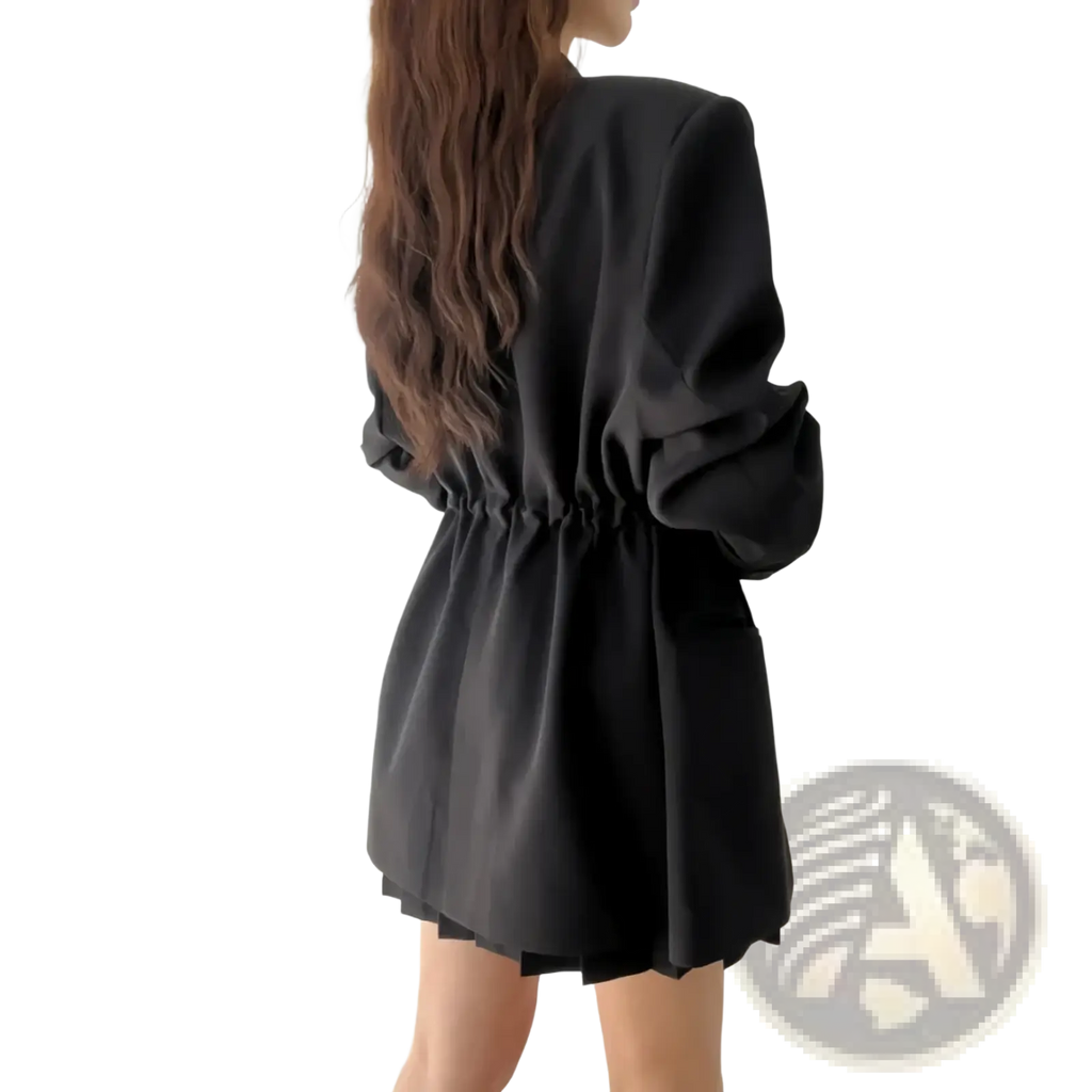 Black blazer style dress with puffed sleeves and a cinched drawstring waist for women vintage fashion