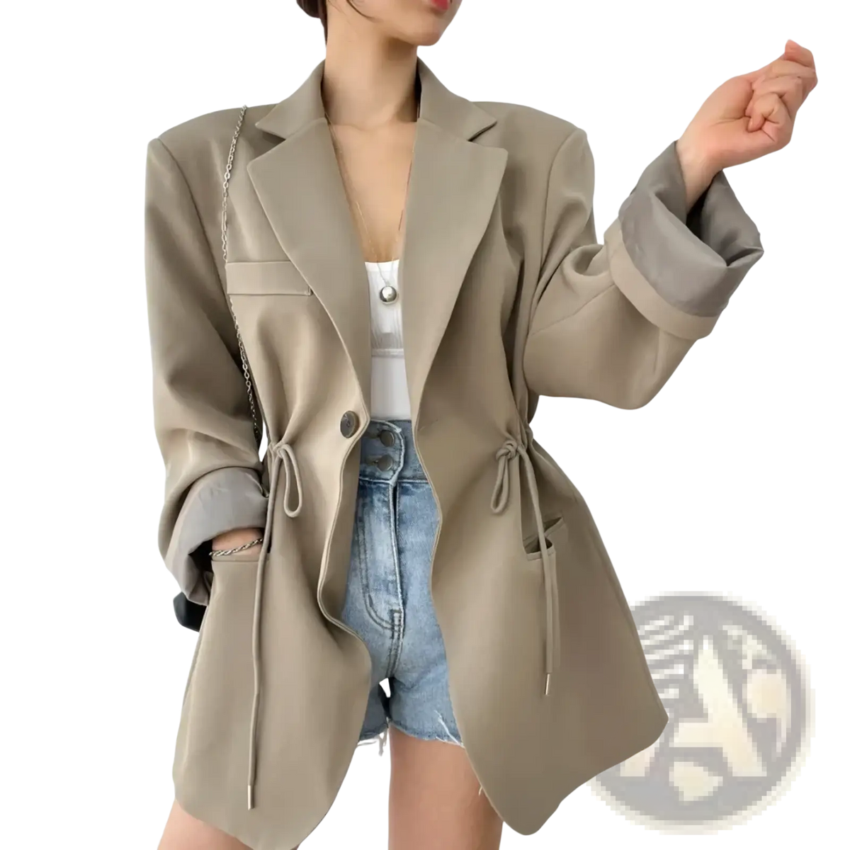 Beige oversized women vintage drawstring waist blazer with relaxed fit and rolled cuffs for casual wear