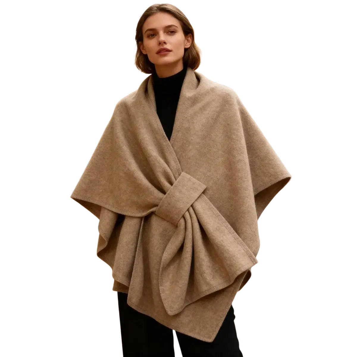 Beige woolen poncho shawl cardigan for women featuring a warm cape design with a tied bow at the front