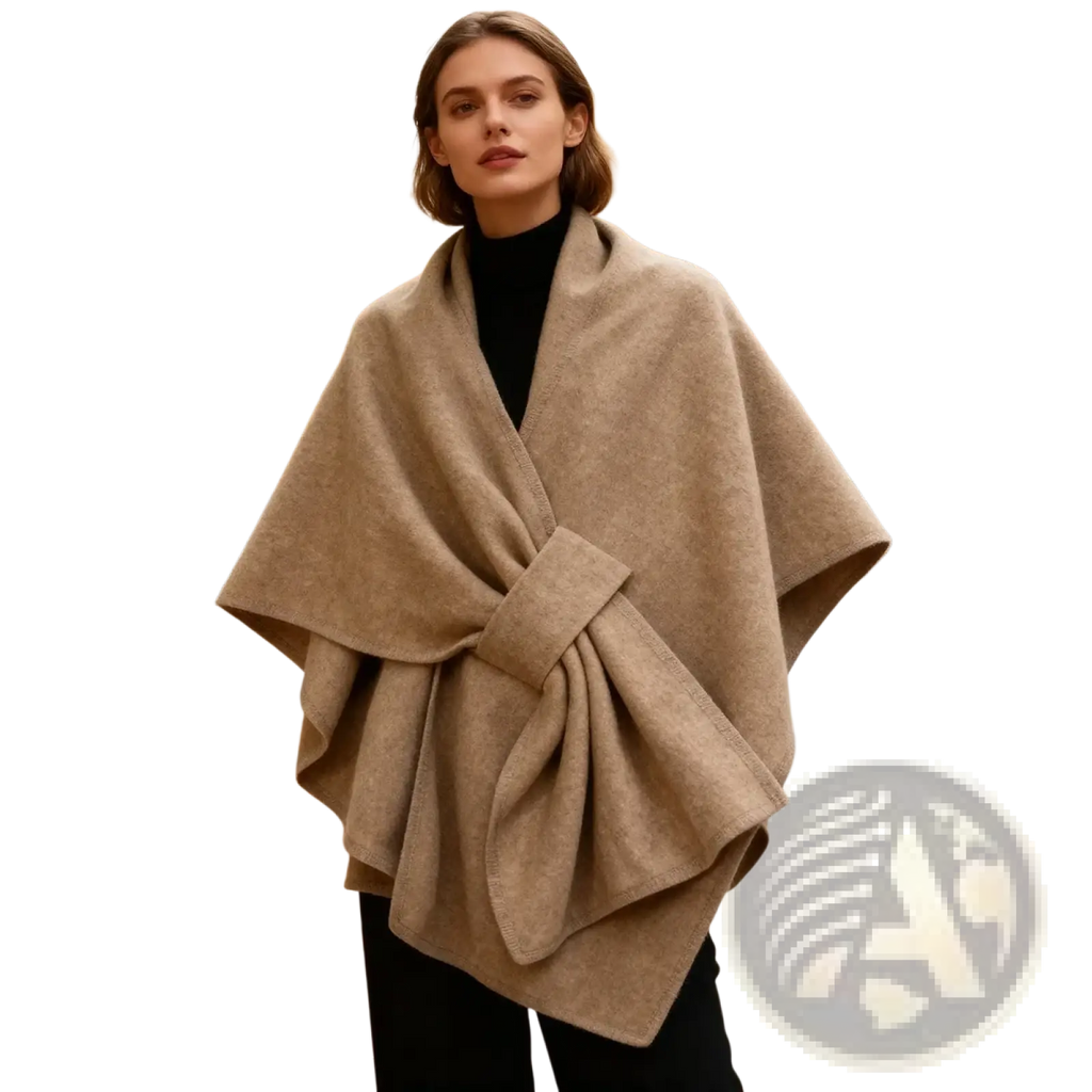 Beige woolen poncho shawl cardigan for women featuring a warm cape design with a tied bow at the front