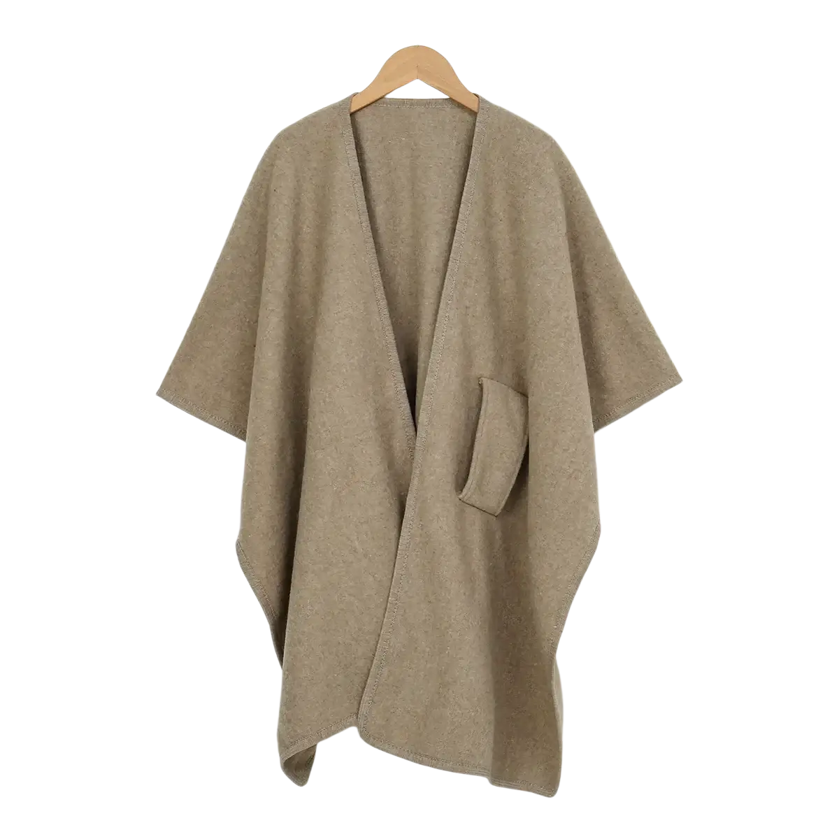 Beige woolen open-front women warm poncho shawl cardigan with a single patch pocket for added style and warmth