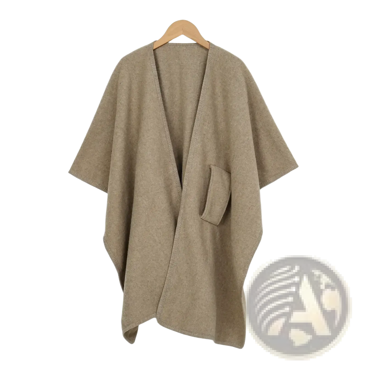 Beige woolen open-front women warm poncho shawl cardigan with a single patch pocket for added style and warmth