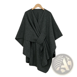 Dark gray woolen poncho shawl cardigan with subtle textured pattern and front knot detail for women warmth