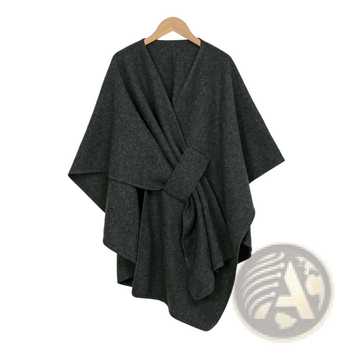 Dark gray woolen poncho shawl cardigan with subtle textured pattern and front knot detail for women warmth