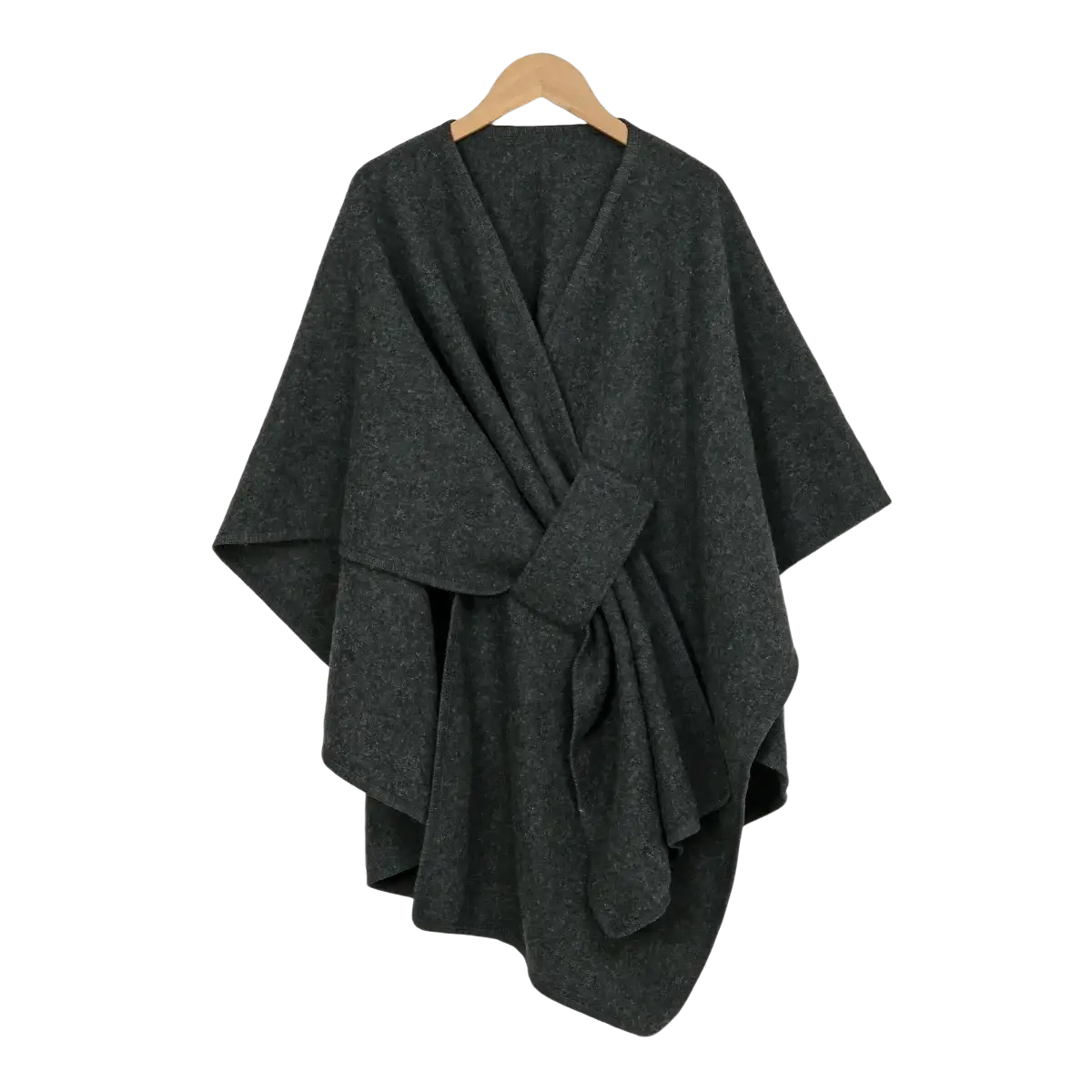Dark gray woolen poncho shawl cardigan with subtle textured pattern and front knot detail for women warmth
