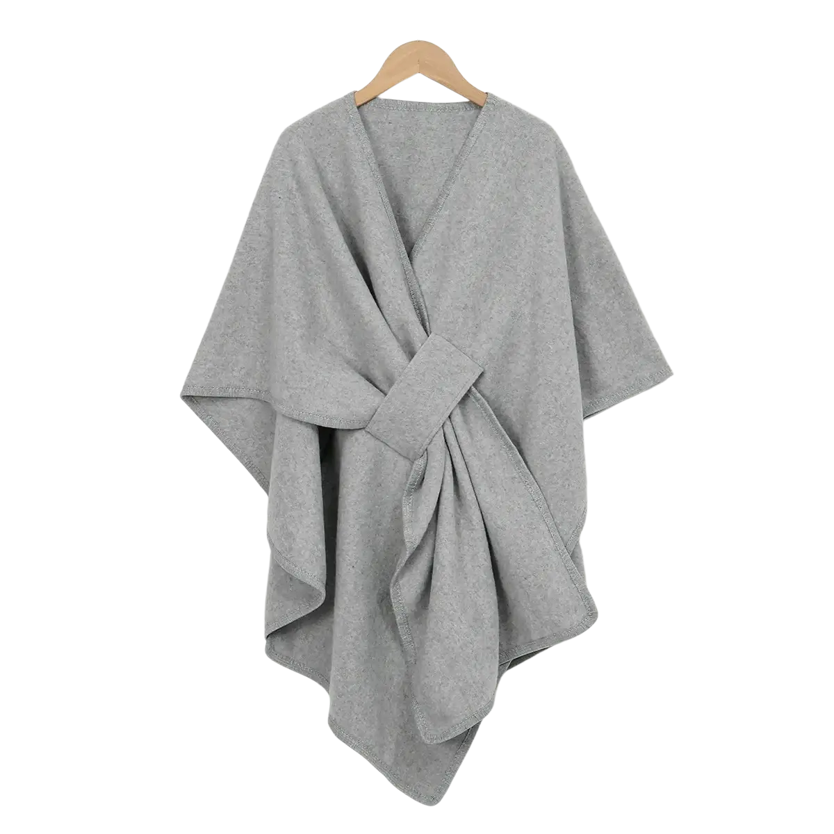 Gray knit woolen poncho shawl cardigan with v-neck and tied waist hanging on wooden hanger for women warmth