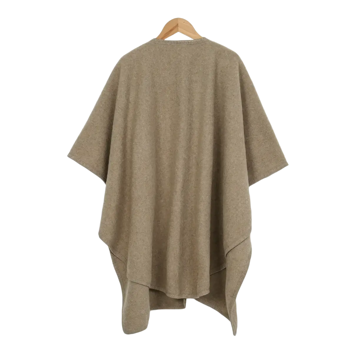 A soft beige woolen poncho with relaxed fit and asymmetrical hemline hanging on a wooden hanger