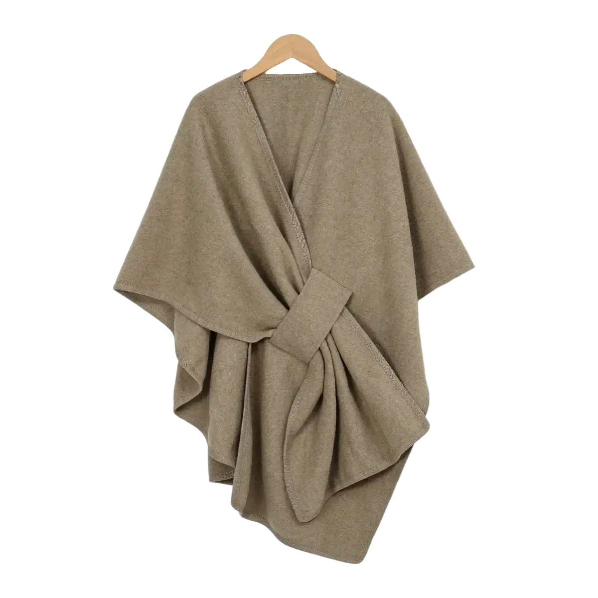 A soft beige woolen poncho shawl cardigan with a draped front and short sleeves for women