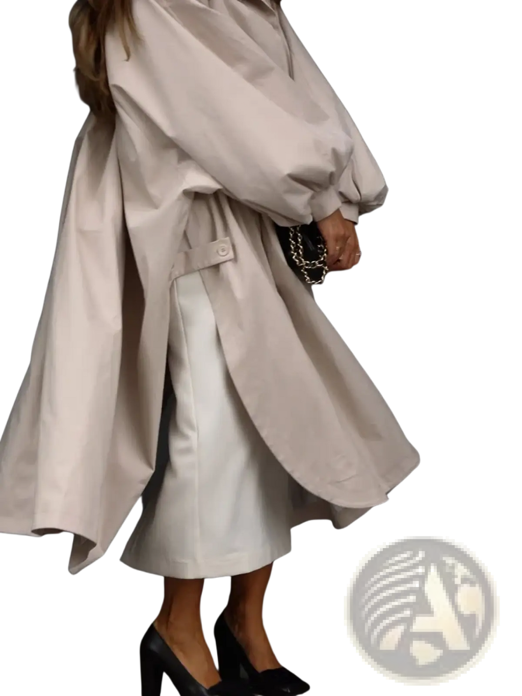 Beige oversized water resistant trench coat with voluminous puff sleeves and a belted waist for women