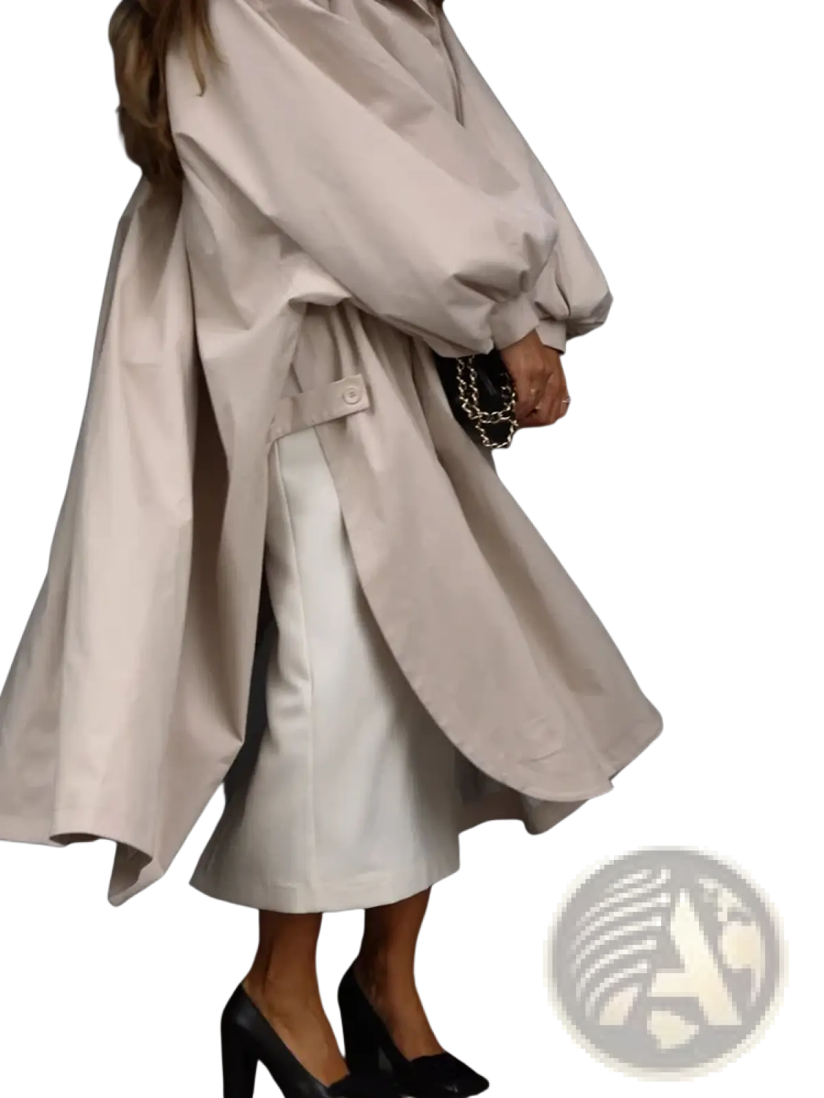 Beige oversized water resistant trench coat with voluminous puff sleeves and a belted waist for women