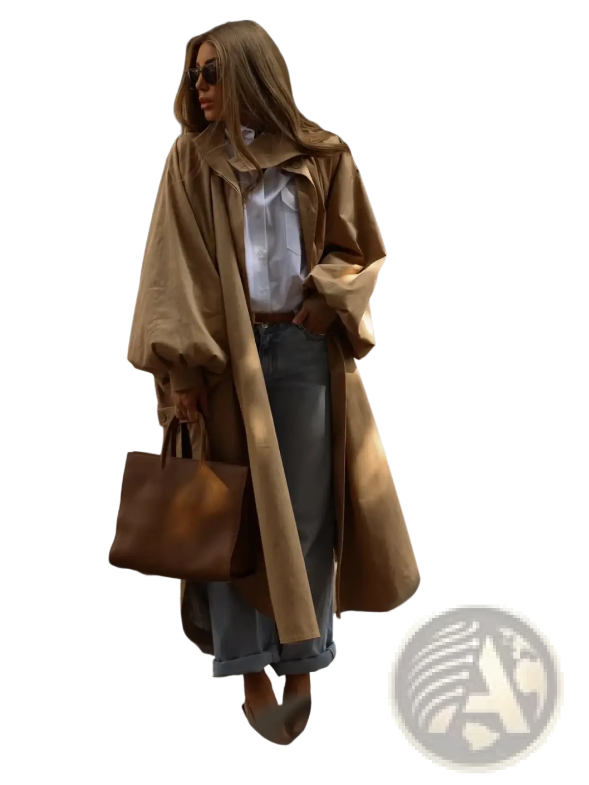 Tan leather tote bag with top handles complementing women water resistant puff sleeve trench coat