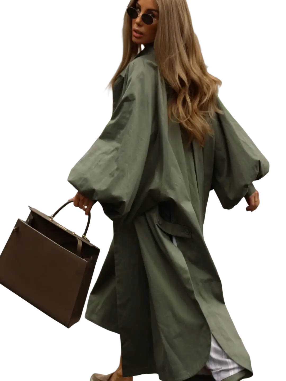 Women olive green water resistant trench coat with oversized puff sleeves and front pockets for stylish protection