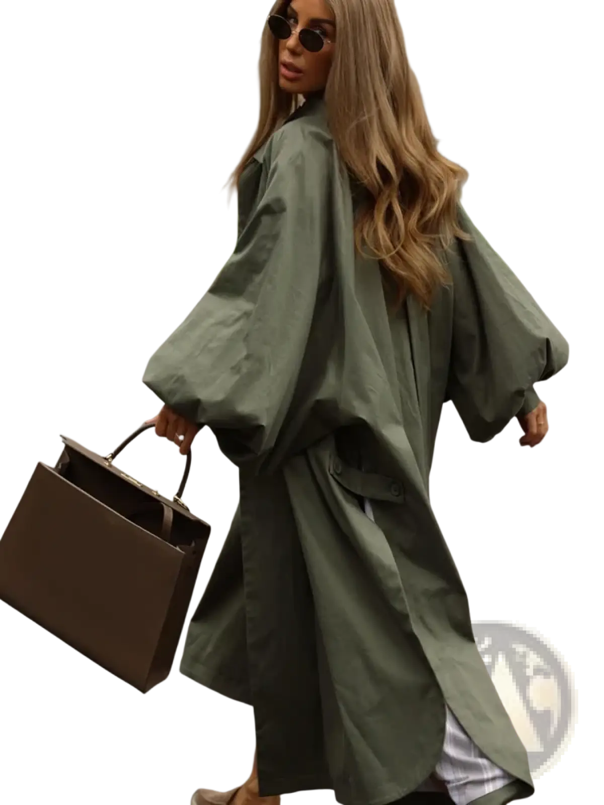 Olive green oversized trench coat with wide puff sleeves and structured silhouette, water resistant for women