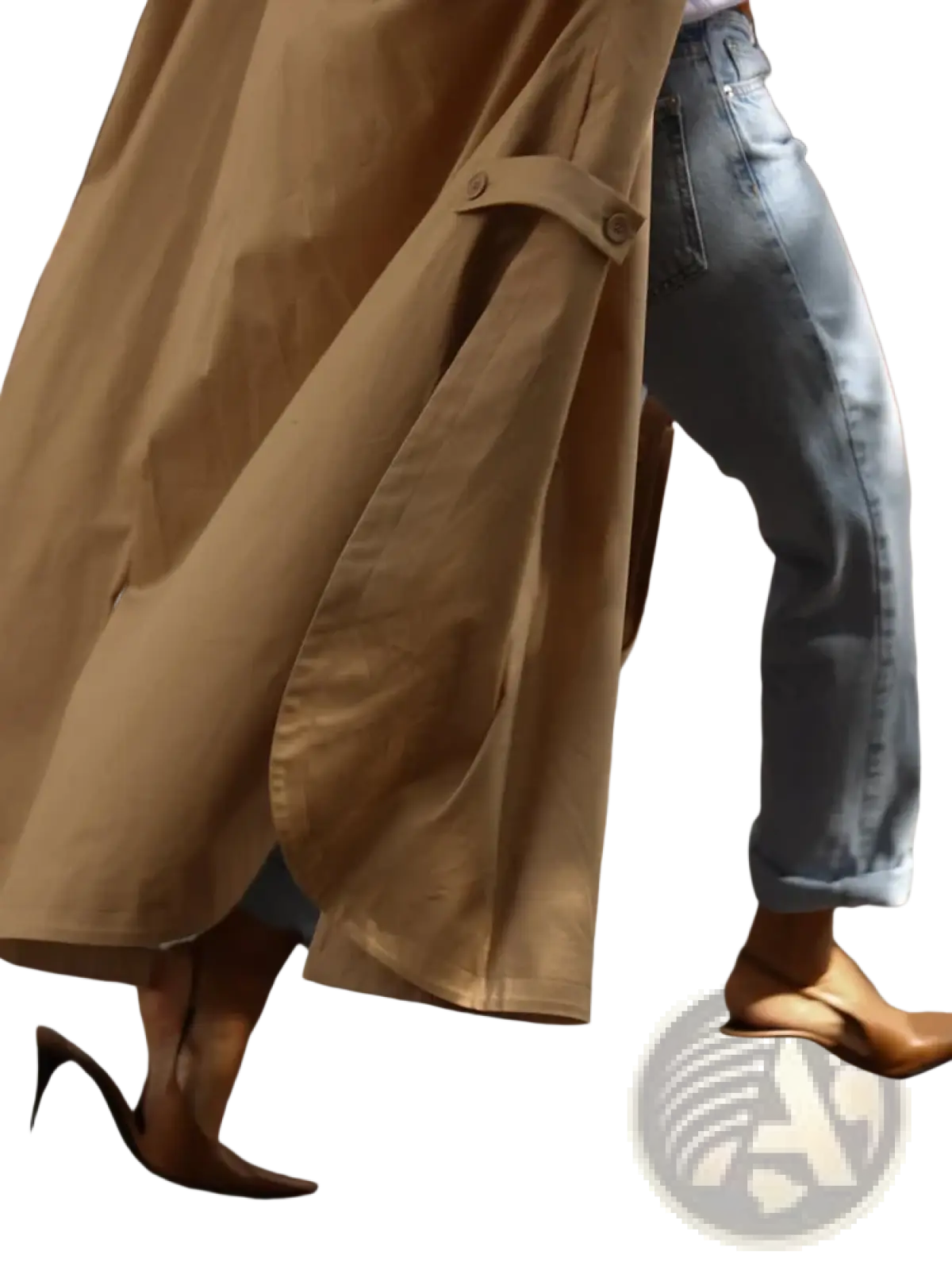 Tan women water resistant trench coat with puff sleeves, structured shoulders, and a classic belted design