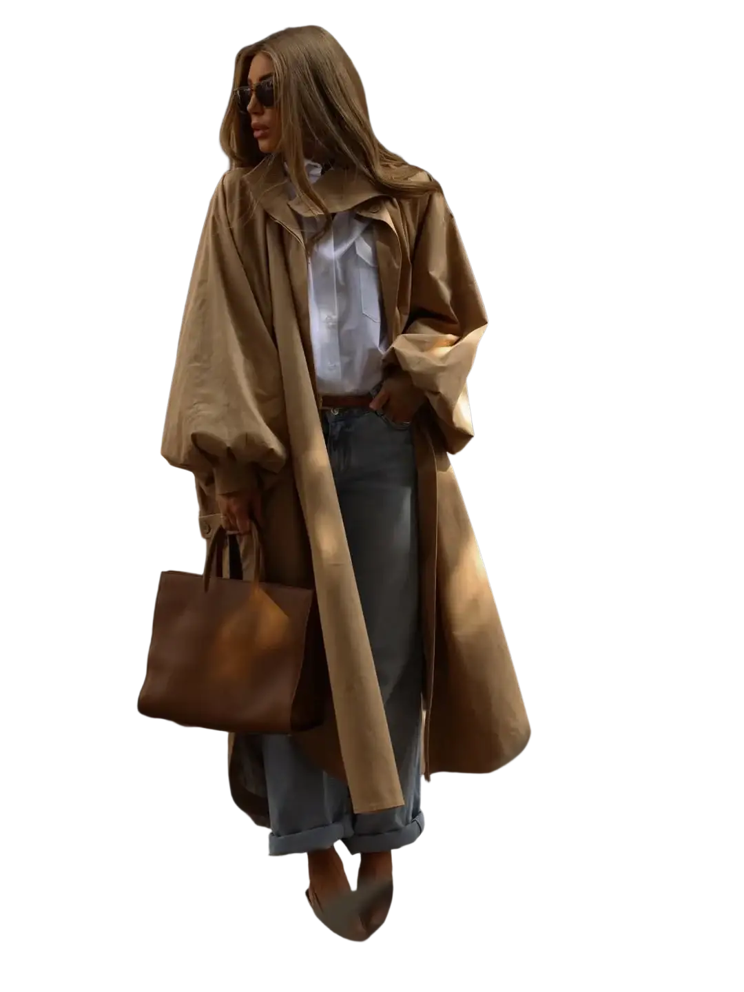 Tan leather tote bag with top handles complementing women water resistant puff sleeve trench coat
