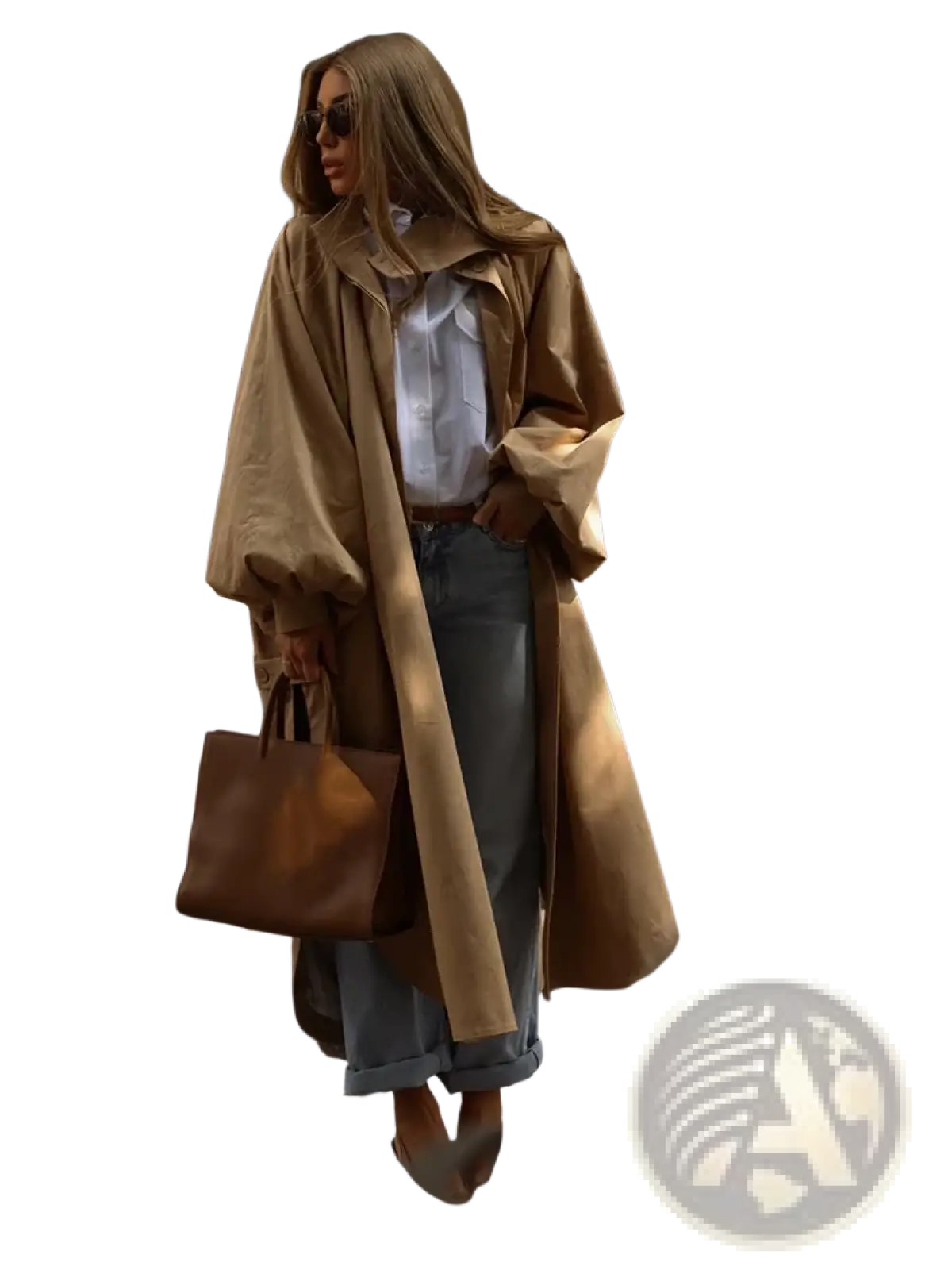 Tan water resistant trench coat for women with voluminous puff sleeves and a belted waist for a tailored fit