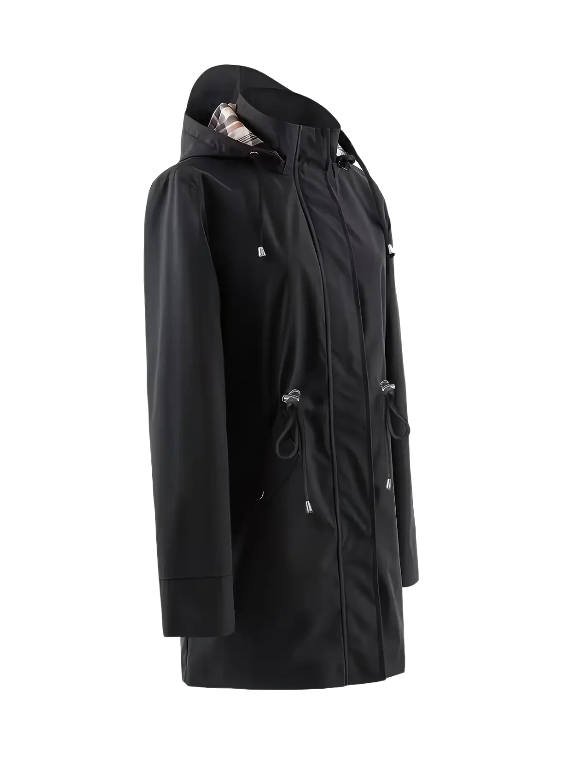 Women waterproof hooded trench coat in black with plaid-lined hood and silver-toned zipper pulls