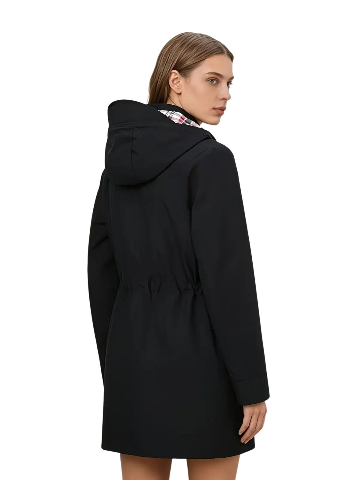 Black waterproof hooded trench coat for women with a plaid collar and drawstring waist for adjustable fit