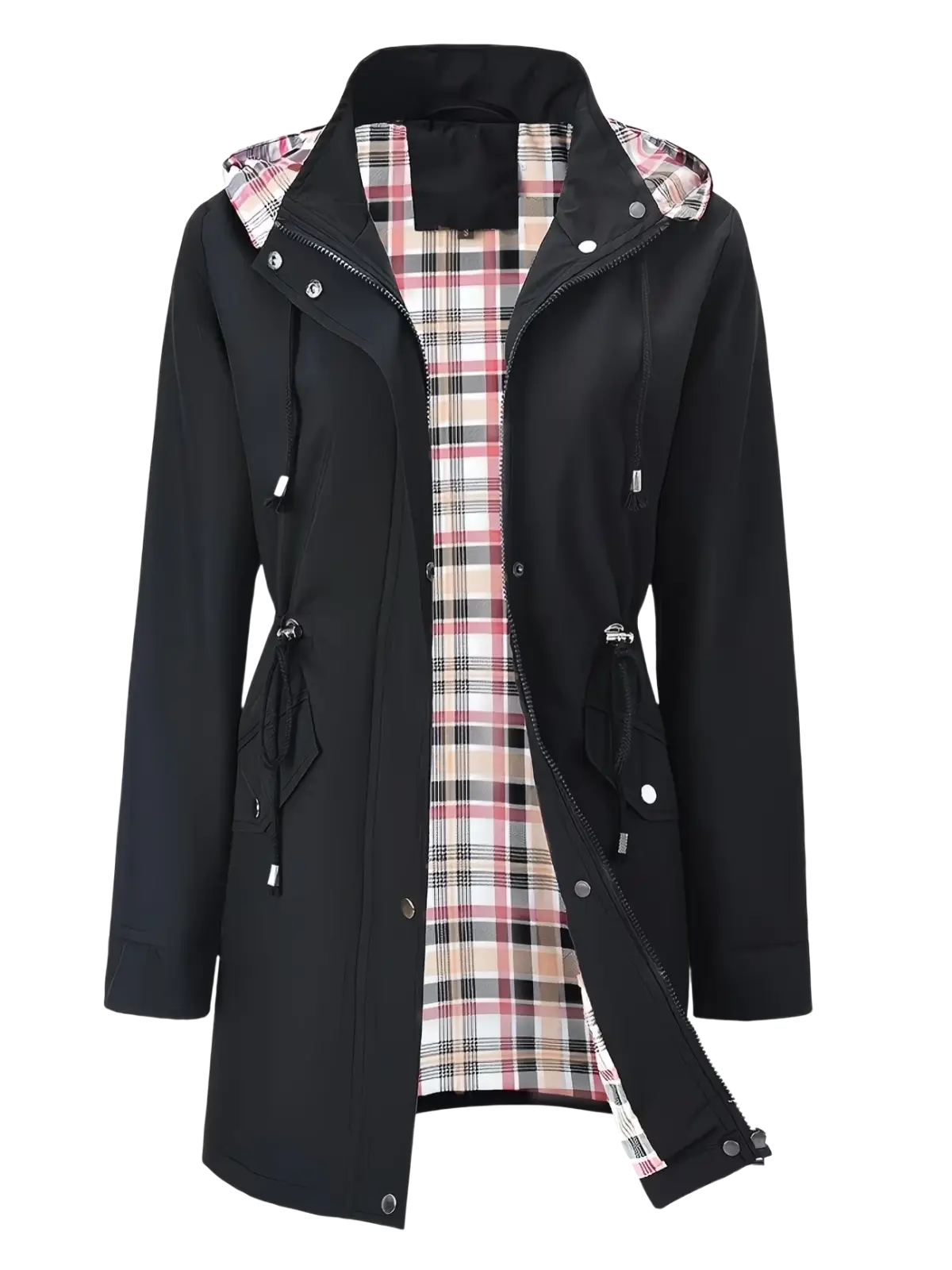 Women waterproof hooded trench coat in black with plaid-lined hood and front pockets made of waterproof material