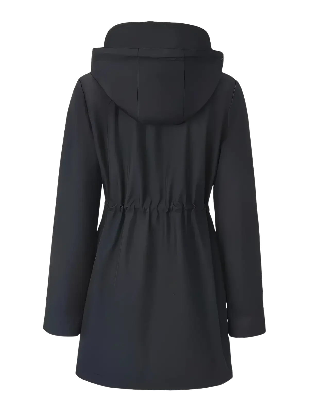 Black hooded trench coat for women with cinched waist and smooth water-resistant fabric for waterproof protection