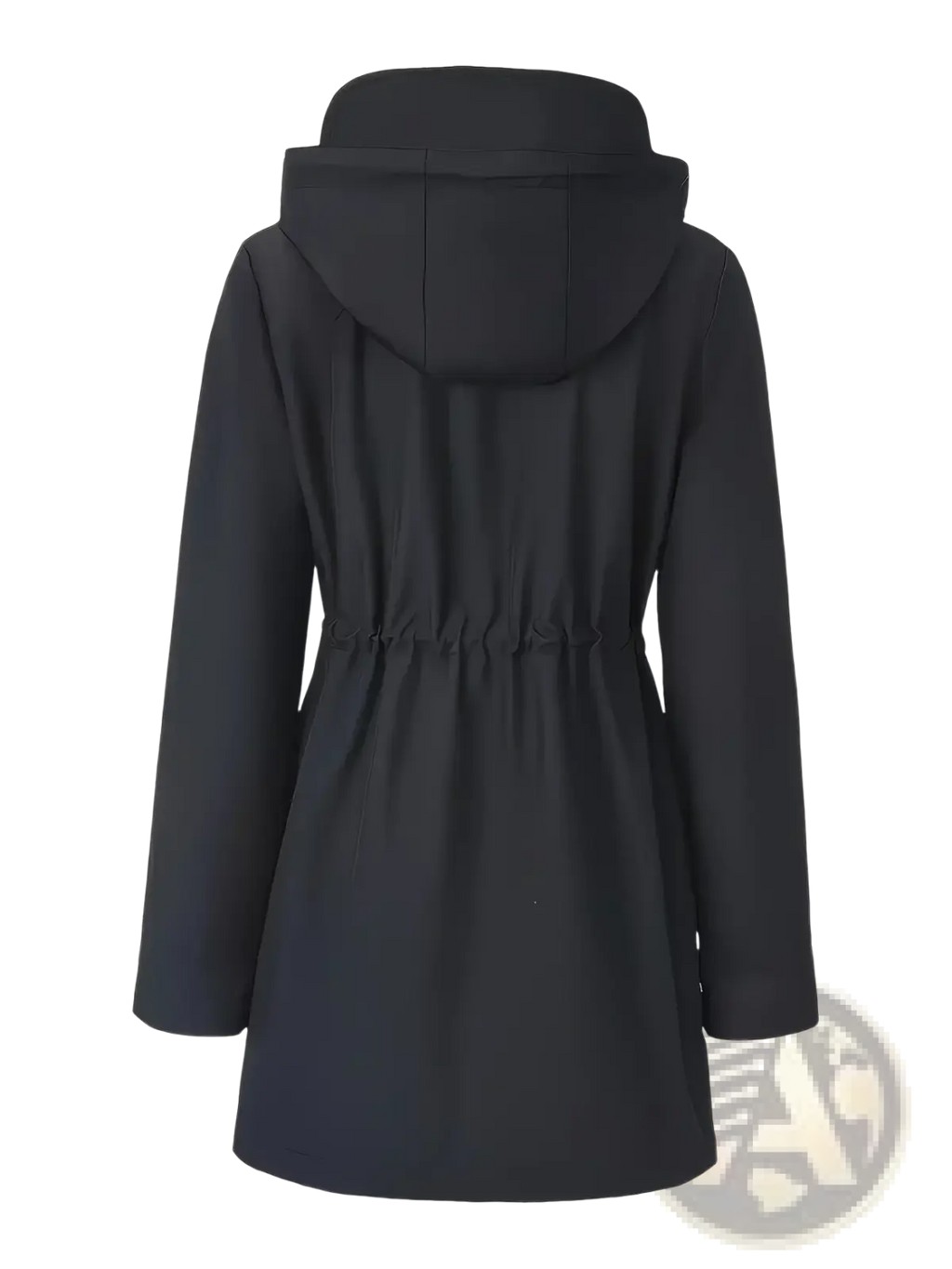 Black hooded trench coat for women with cinched waist and smooth water-resistant fabric for waterproof protection